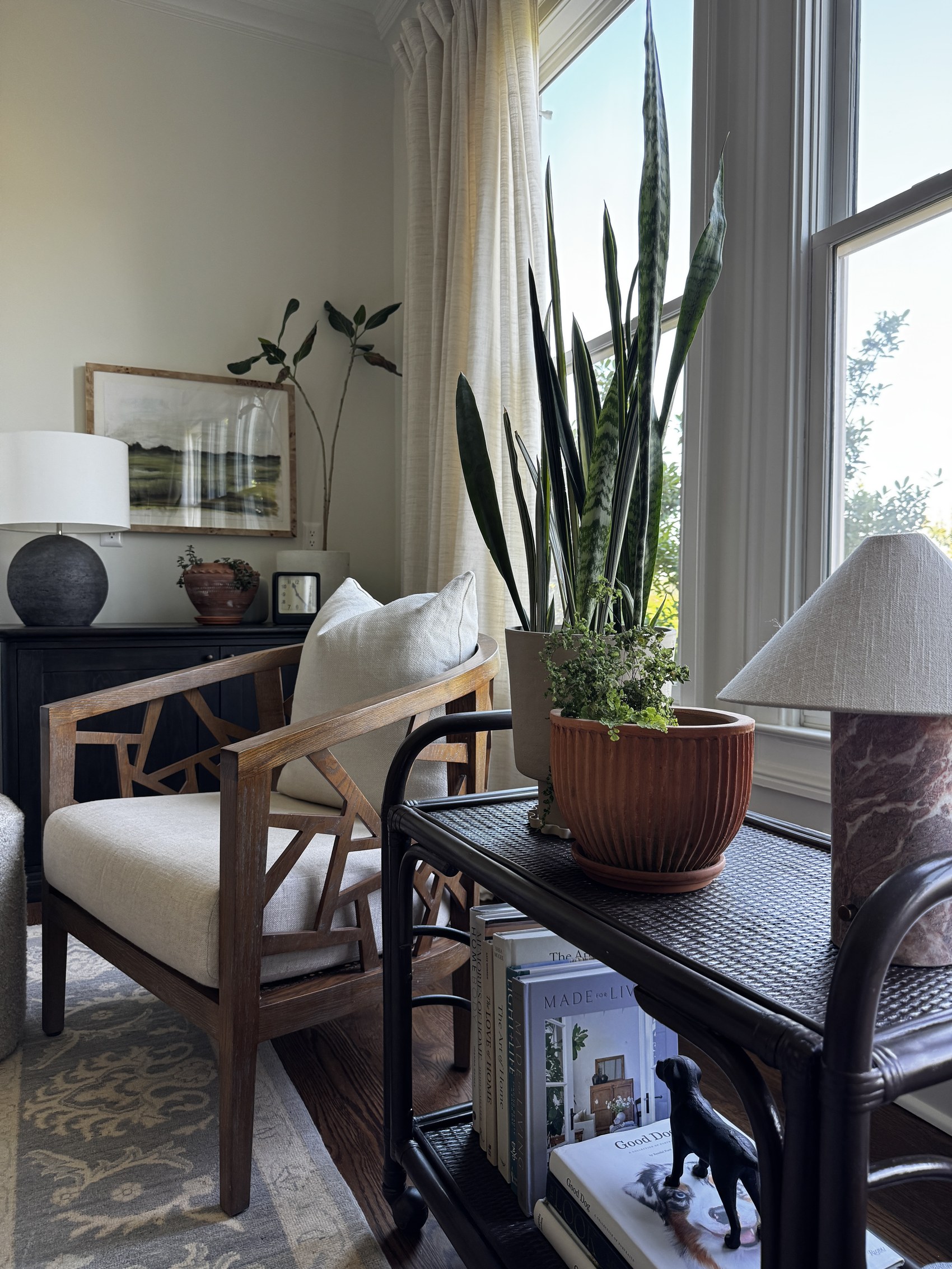 Den corner with woven armchair, snake plant, and stacked design books.