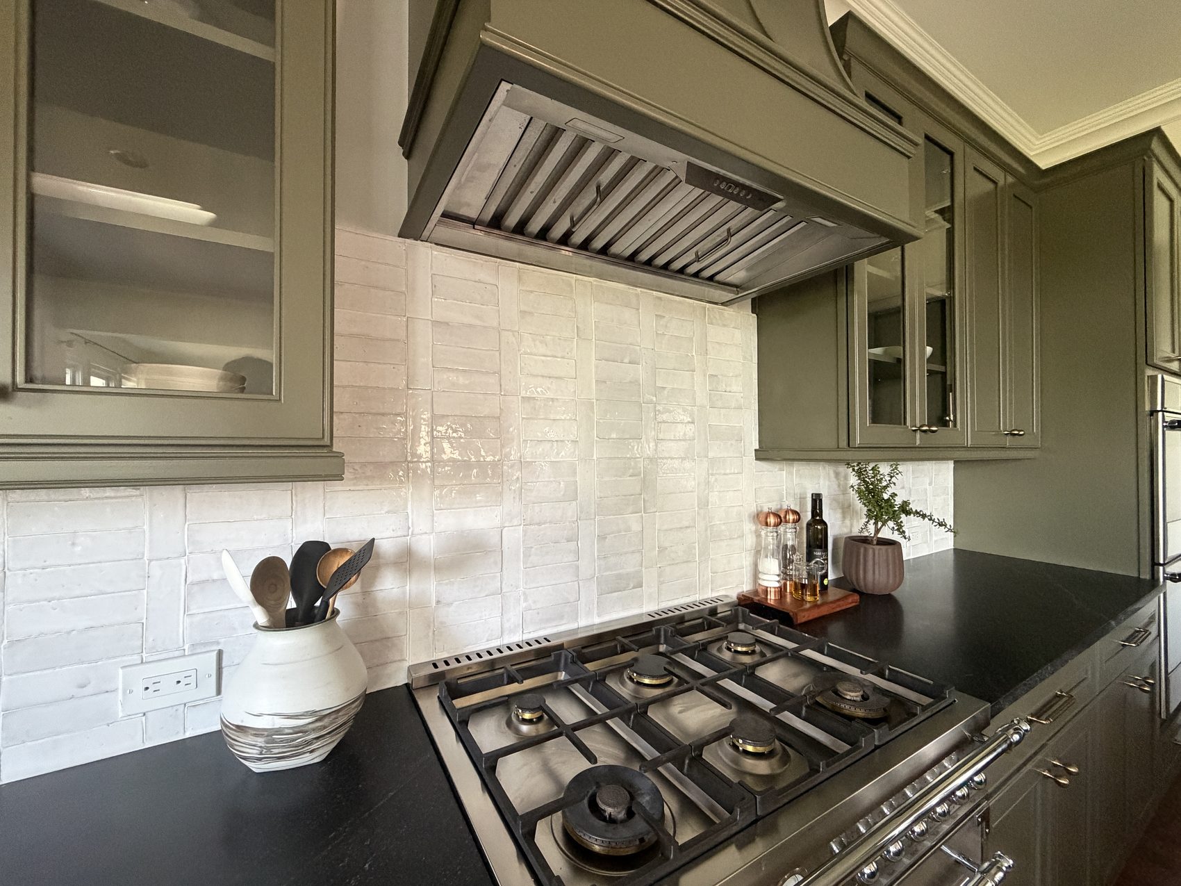 Close view of gas range and hood with utensil crock and potted plant.