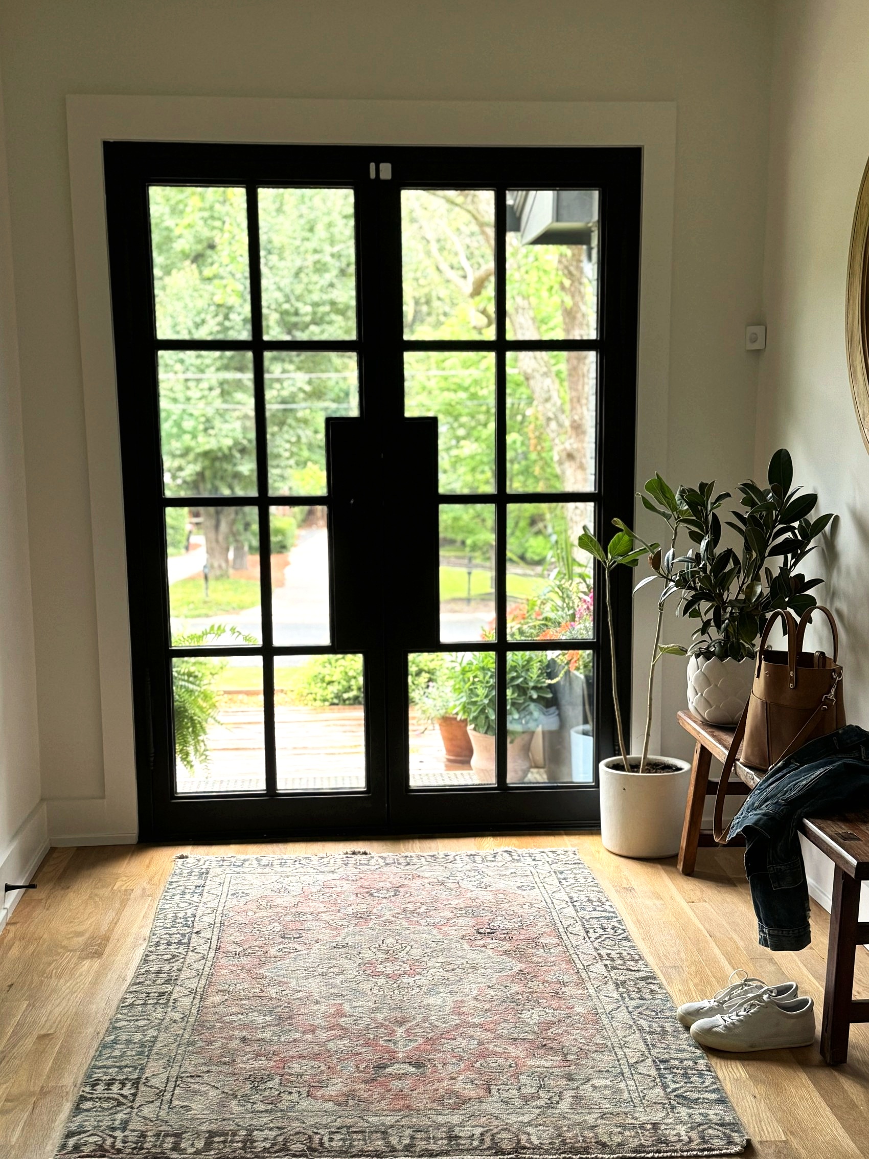 Entry with black French doors, a vintage rug, and a potted plant.
